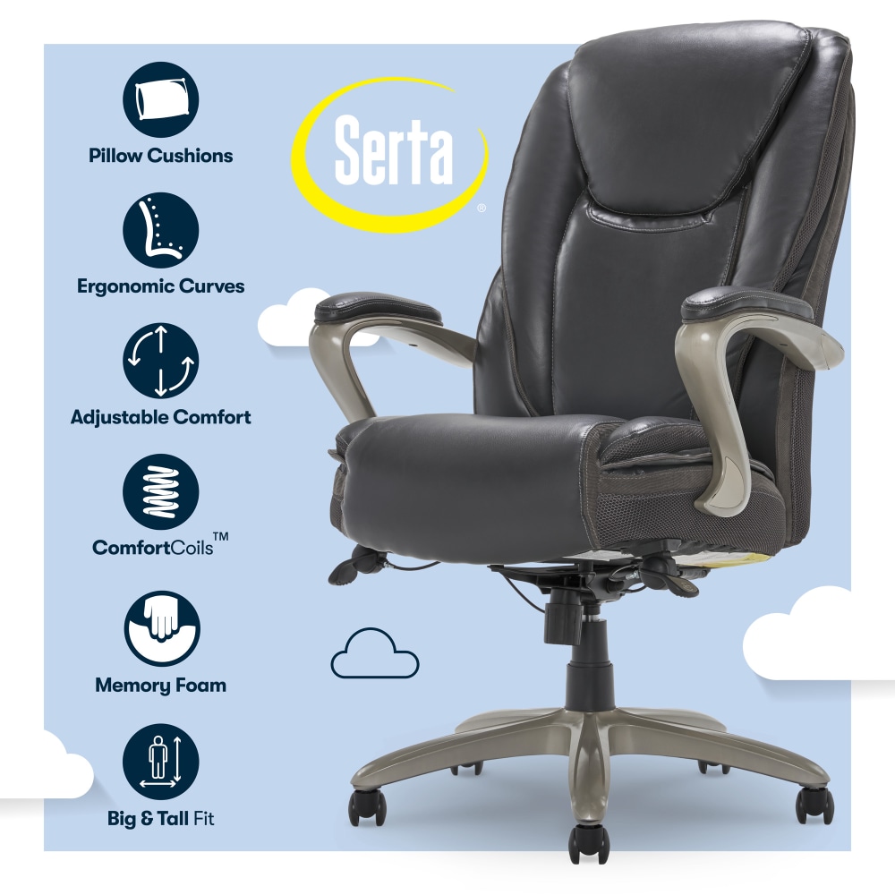 Serta Smart Layers Hensley Big Tall Ergonomic Bonded Leather HighBack Chair Dark GraySilver PopularChairscom Serta Smart Layers Hensley Big Tall Ergonomic Bonded Leather High Back Chair Dark GraySilver PopularChairscom