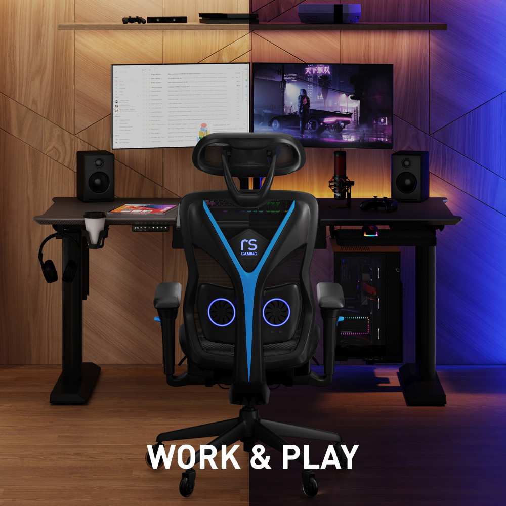 RS Gaming Eonix Ergonomic MeshVegan Leather HighBack Active Chair Footstool BlackBlue BIFMA Compliant PopularChairscom RS Gaming Eonix Ergonomic MeshVegan Leather High Back Active Chair Footstool BlackBlue BIFMA Compliant PopularChairscom