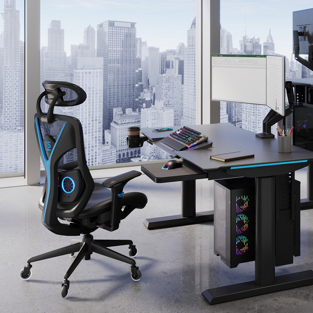 RS Gaming Eonix Ergonomic MeshVegan Leather HighBack Active Chair Footstool BlackBlue BIFMA Compliant PopularChairscom RS Gaming Eonix Ergonomic MeshVegan Leather High Back Active Chair Footstool BlackBlue BIFMA Compliant PopularChairscom