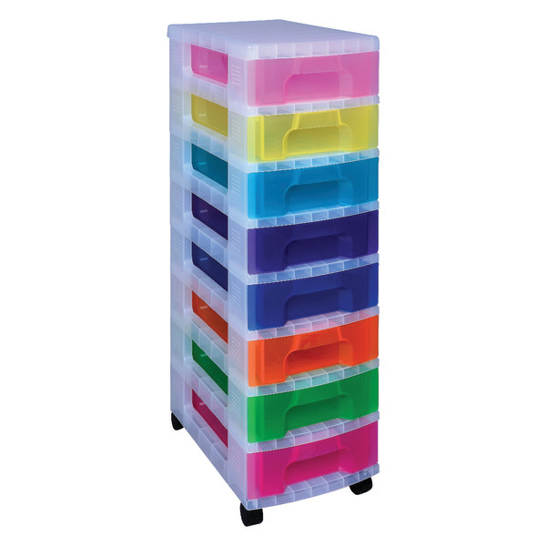 Really Useful Box® Plastic 8-Drawer Storage Tower, 7 Liters, 36 1/2 x 15  3/4 x 12, Clear/Rainbow - Zerbee