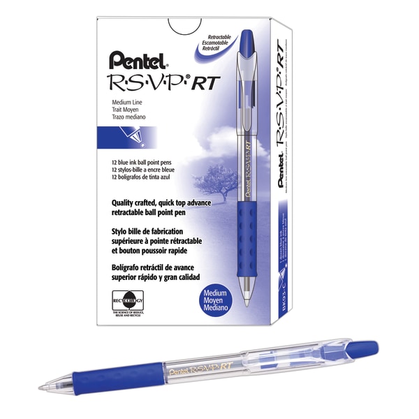 Pentel&reg; R.S.V.P.&reg; RT Retractable Ballpoint Pens, Medium Point, 1.0 mm, 61% Recycled, Transparent Blue Barrel, Blue Ink, Pack Of 12 Pens PENBK93C