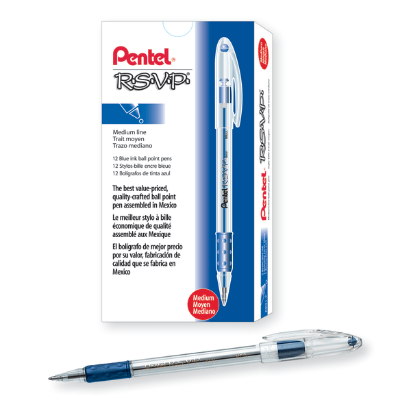 Pentel® RSVP® Ballpoint Pens, Fine Point, 0.7 mm, Clear Barrel, Blue Ink,  Pack of12