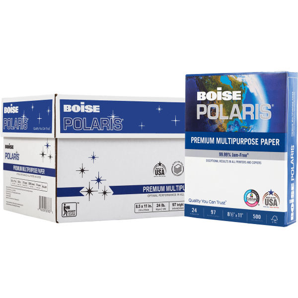 Boise POLARIS Premium Multi-Use Printer & Copier Paper, Letter Size (8 1/2  x 11), 5000 Total Sheets, 97 (U.S.) Brightness, FSC Certified, White, 500  Sheets Per Ream, Case Of 10 Reams