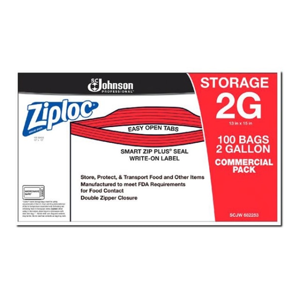 Ziploc Double Zipper Storage Bags, 2 gal., 1.75 mil, 100-Pack, Clear