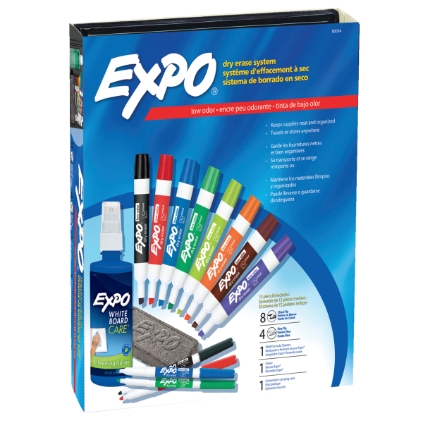 Expo Low Odor Dry Erase Markers, Chisel and Fine Tip, Assorted Colors,  Eraser, 7 Piece Set
