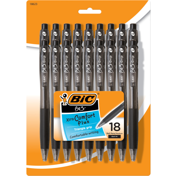 BIC&reg; BU3 Grip RT Ball Pens, Medium Point, 1.0 mm, Clear Barrel, Black Ink, Pack Of 18 Pens 2028745