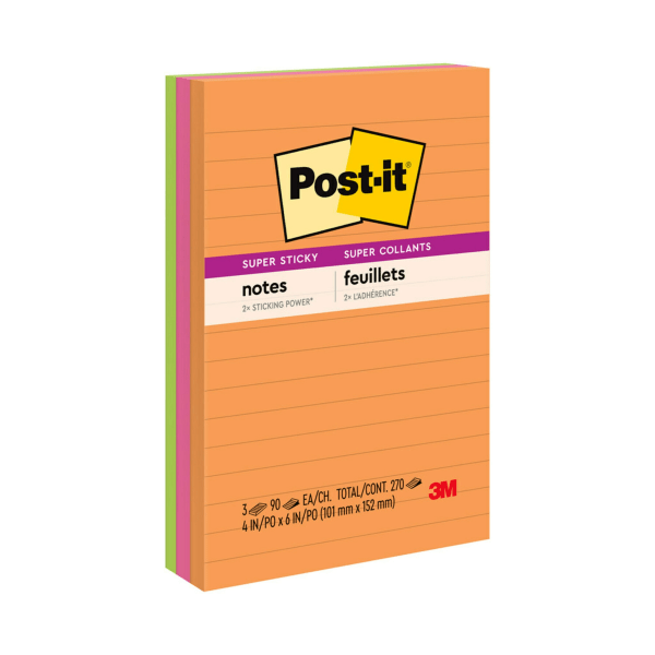Post-it® Super Sticky Notes, 3 in. x 3 in., Supernova Neons Collection, 5  Pads/Pack, 90 Sheets/Pad