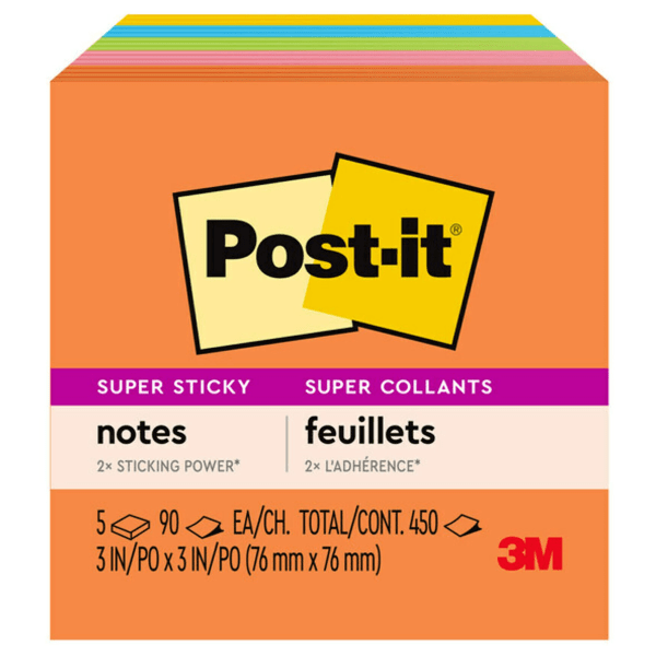 Post-it Super Sticky Notes, 3 in x 3 in, 12 Pads, 30 Sheets/Pad