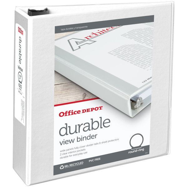 Durable View 3-Ring Binder, 3&quot; Round Rings, 49% Recycled, White 210016
