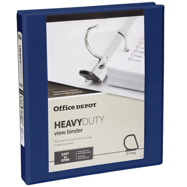 Office Depot&reg; Heavy-Duty View 3-Ring Binder, 1&quot; D-Rings, 49% Recycled, Navy 211222