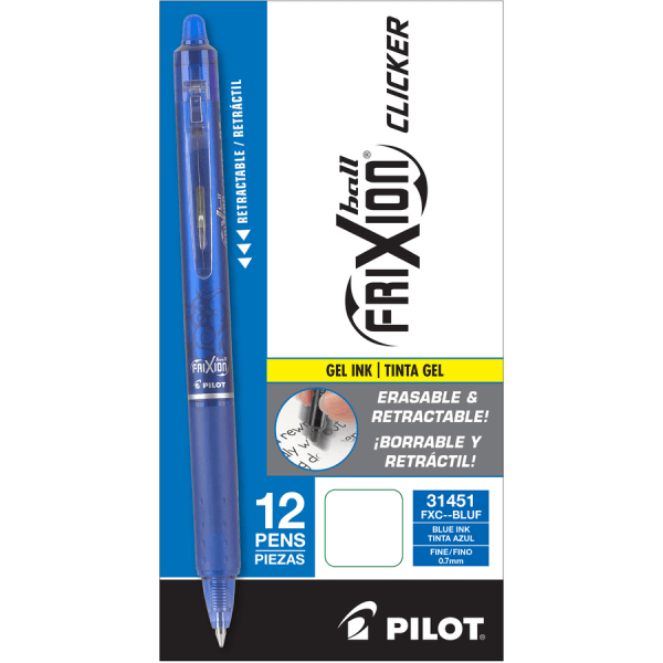 Pilot® FriXion® Clicker Erasable Gel Pens, Fine Point, 0.7 mm, Blue Barrel,  Blue Ink, Pack Of 12 Pens - Zerbee