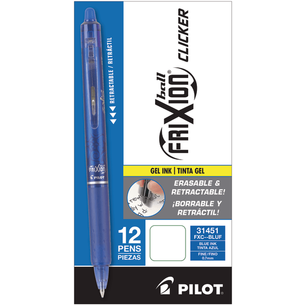 Pilot® FriXion® Clicker Erasable Gel Pens, Fine Point, 0.7 mm, Blue Barrel,  Blue Ink, Pack Of 12 Pens - Zerbee