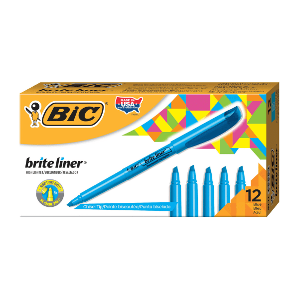 BIC® Brite Liner® Highlighters, Chisel Tip, Blue, Box Of 12 - Zerbee