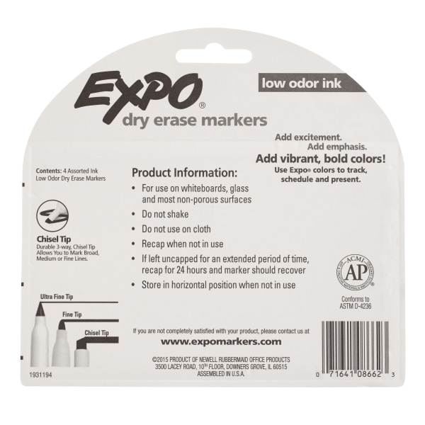 EXPO Low Odor Dry Erase Markers Fine Point Assorted Colors Pack Of