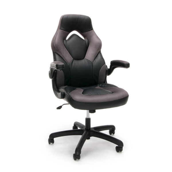 OFM Essentials Racing Style Bonded Leather High-Back Gaming Chair, Gray/Black 303784