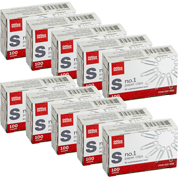 Office Depot&reg; Brand Paper Clips, No. 1 Regular, 20-Sheet Capacity, Silver, 100 Clips Per Box, Pack Of 10 Boxes 308478