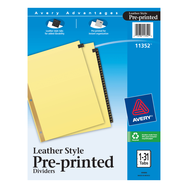 Preprinted Black Leather Tab Dividers w/Gold Reinforced Edge, 31-Tab, 1 to 31, 11 x 8.5, Buff, 1 Set
