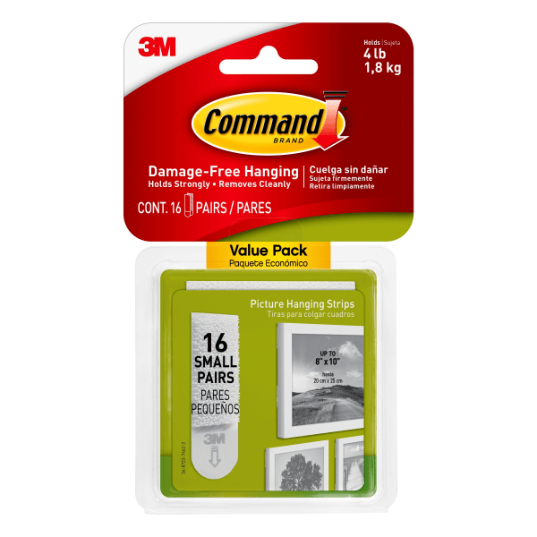 Picture Hanging Strips, Value Pack, Small, Removable, Holds Up to 4 lbs, 0.63 x 1.81, White, 16 Pairs/Pack Picture Hanging Strips, Value Pack, Small, Removable, Holds Up to 4 lbs, 0.63 x 1.81, White, 16 Pairs/Pack