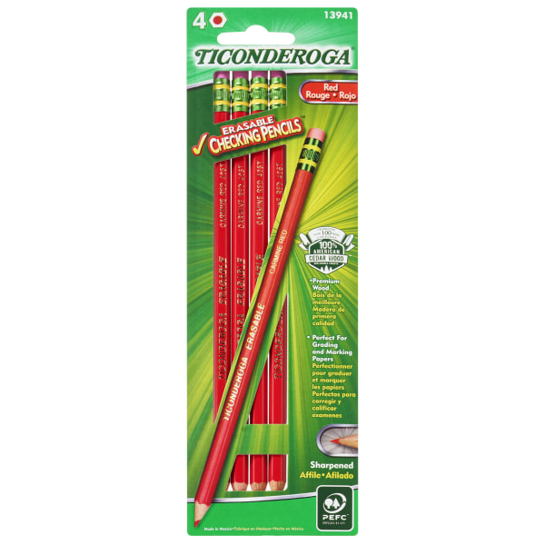 Ticonderoga Erasable Checking Pencils 2.6 mm Red Pack Of 4 Pencils