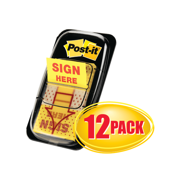 Post-it&reg; Message Flags, &quot;Sign Here&quot;, 1&quot; x 1-11/16&quot;, Yellow, 50 Flags Per Pad, Pack Of 12 Pads MMM680SH12
