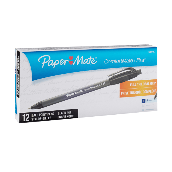 Paper Mate® Comfortmate™ Ultra Retractable Ballpoint Pens, Fine Point, 0.8  mm, Black Barrel, Black Ink, Pack Of 12 - Zerbee