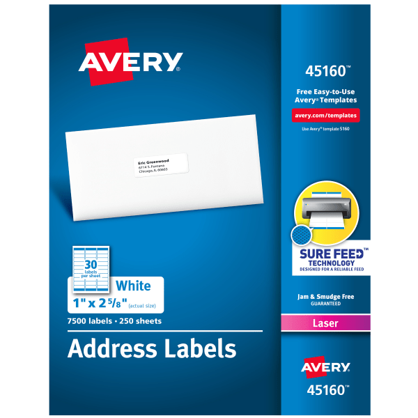 Avery Address Labels, Permanent Adhesive, 1 x 2-5/8, 7,500 Labels (45160)