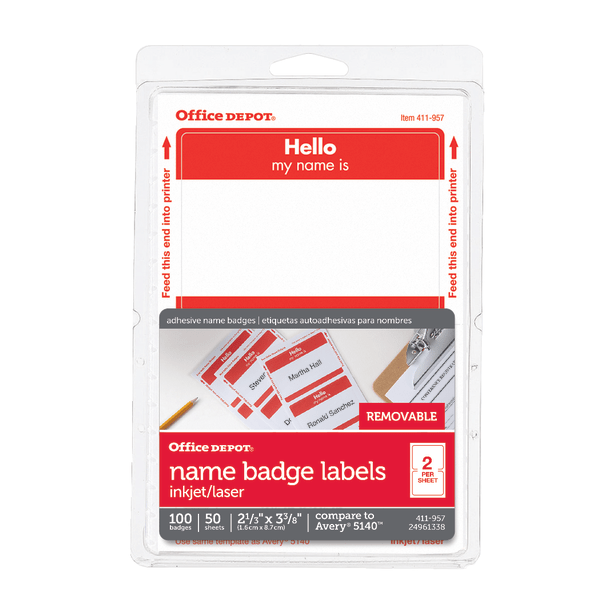 Office Depot® Brand Hello Name Badge Labels, 2 11/32