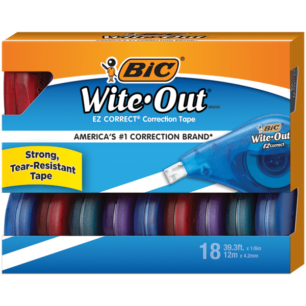 BIC Wite-Out EZ Correction Tape, 478-13/16, White, Pack Of 18 Dispensers