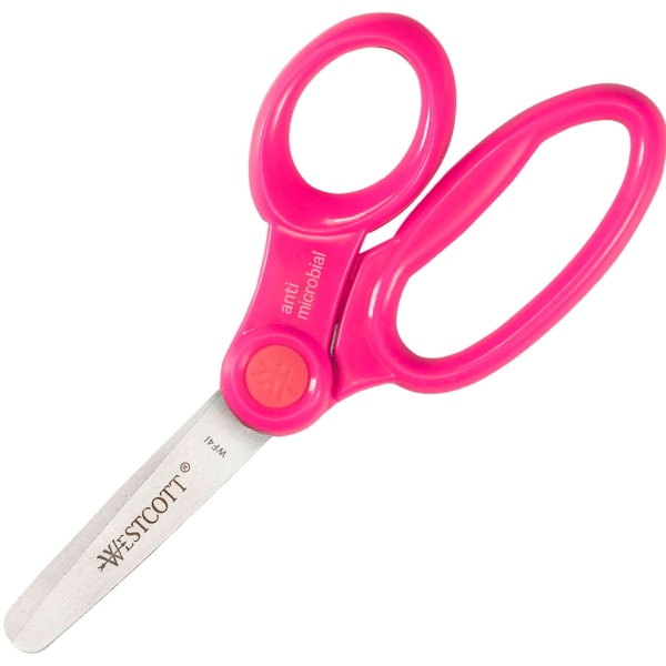 Scissor Caddy with Kids' Scissors, 5 Long, 2 Cut Length, Light Blue;  Light Green; Pink; Yellow, Straight Handles, 24/Set - Zerbee