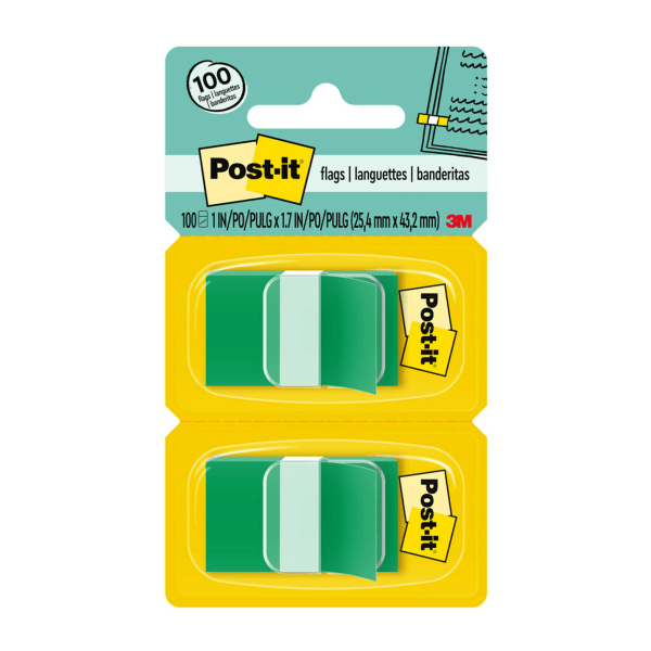 Post-it Flags, Green, 1 in Wide, 50/Dispenser, 2 Dispensers/Pack MMM680GN2