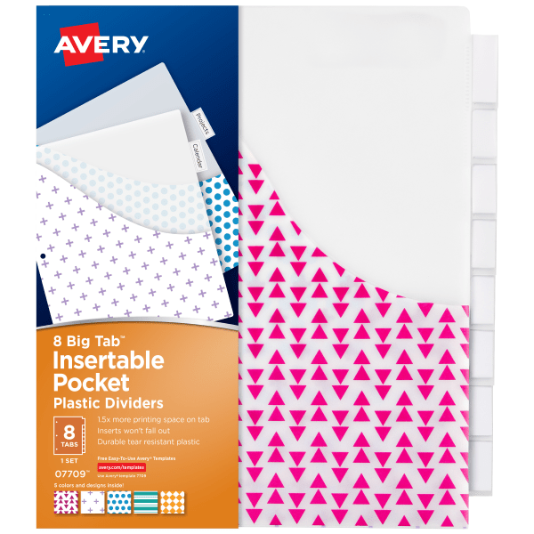 1 Set Avery 8-Tab Plastic Binder Dividers Insertable Multicolor Big Tabs 