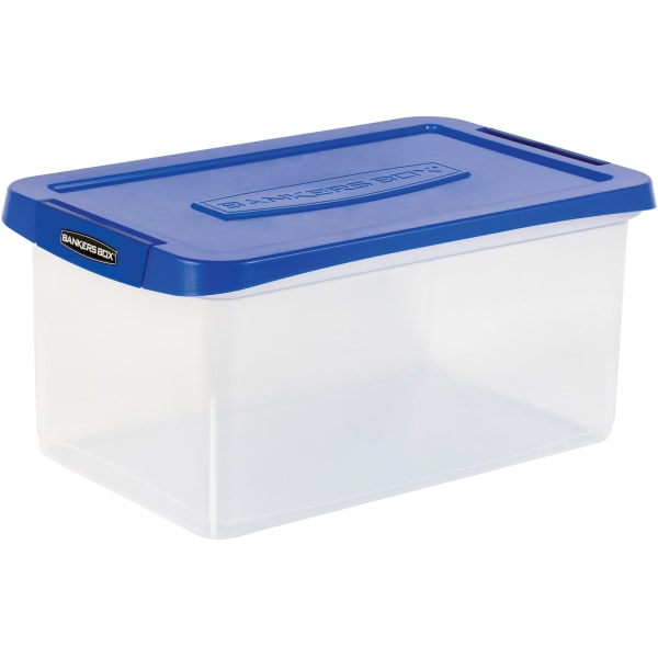 Bankers Box Heavy-Duty Plastic Storage Bin, Extra Deep 20 inch Letter-Size, 10-3/8 inch x 14-1/4 inch, TAA Compliant, Clear/Blue, Pack of 1