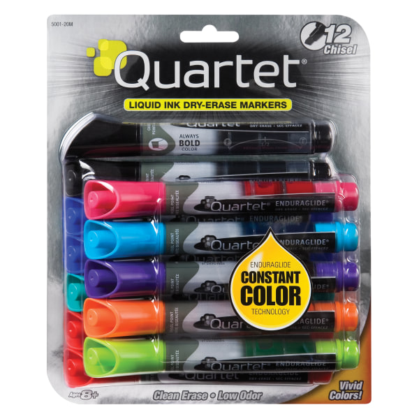 Quartet Dry Erase Markers, EnduraGlide, Chisel Tip, Bold Color, Assorted Colors, 4 Pack (5001M)
