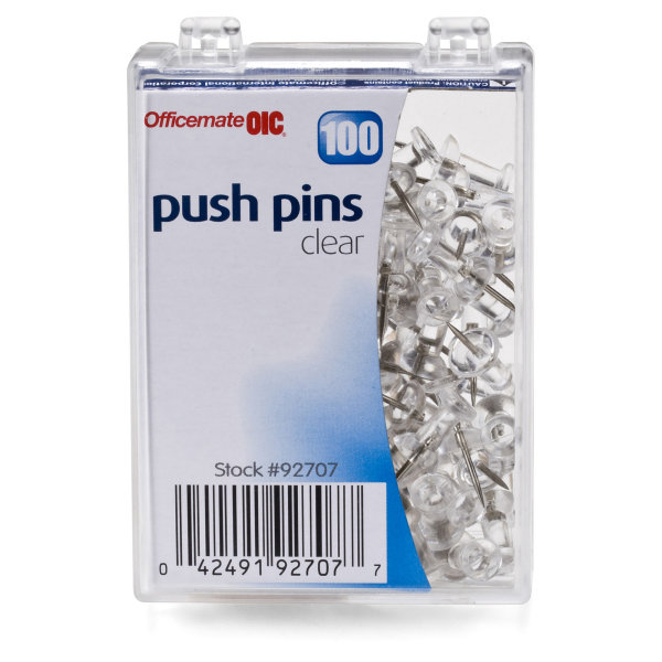 Standard Push Pins, Plastic, Clear, Clear Head/Gold Pin, 0.44, 100/Pack
