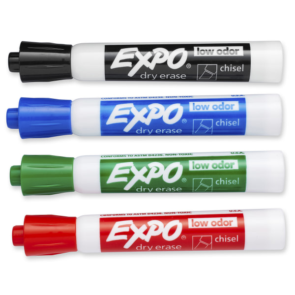 EXPO® Low-Odor Dry-Erase Markers, Chisel Point, Assorted Colors, Pack Of 4  - Zerbee