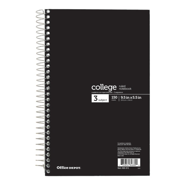 Wirebound Notebook, Perforated, 6" x 9 1/2", 3 Subjects, College Ruled