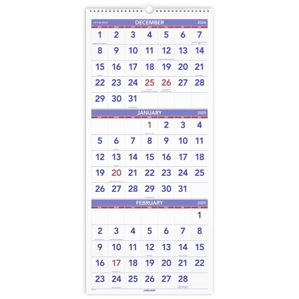 At-A-Glance QuickNotes Three Month Horizontal Wall Calendar - Large Size - Julian Dates - Monthly - 15 Month - December 2023 - February 2025 - 3 Month Single Page Layout - 12