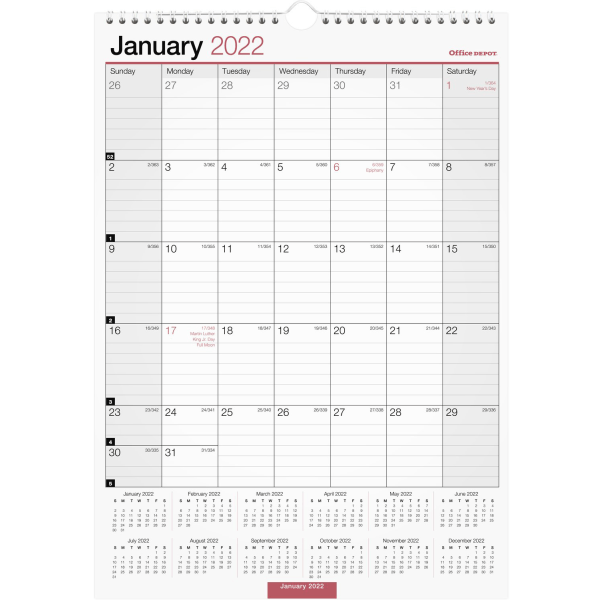 Office Depot&reg; Brand Monthly Wall Calendar, 12&quot; x 17&quot;, White, January To December 2022, OD301628 5256592