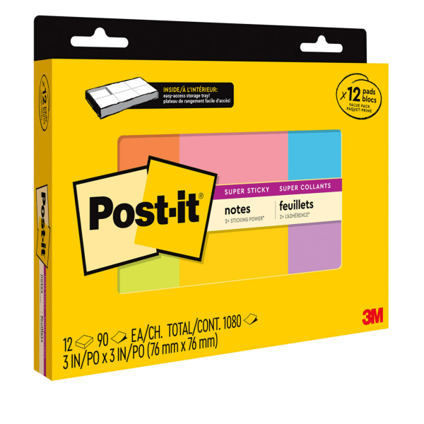Post-it Super Sticky Notes, 3 x 3, Assorted Colors, 90 Sheets per Pad, Pack of 12 Pads