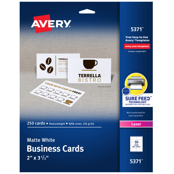 White Rectangle 8371 2 x 3-1/2 Avery Perforated Business Cards for Inkjet Printers 250 Pack Matte Coated 