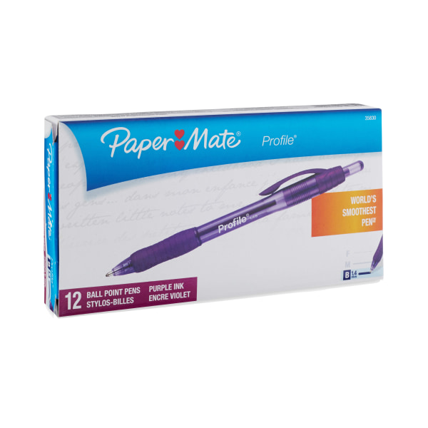 Paper Mate® Profile™ Retractable Ballpoint Pens, Bold Point, 1.4 mm,  Translucent Purple Barrel, Purple Ink, Pack Of 12 - Zerbee