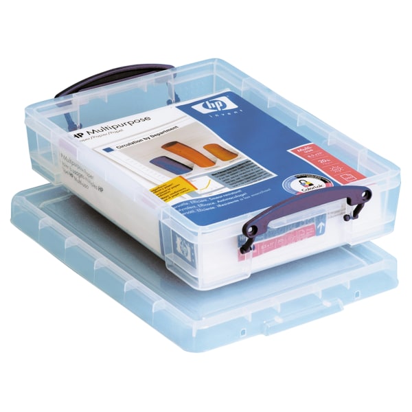 Really Useful Boxes Storage Box - Internal Dimensions: 13.70" Length x 8.66" Width x 2.68" Depth - External Dimensions: 15.6" Length x 10" Width x 3.5" Depth - 1.06 gal - Media Size Supported: A4 8.30" x 11.70" - Stackable - Clear - For Paper, Card 550455