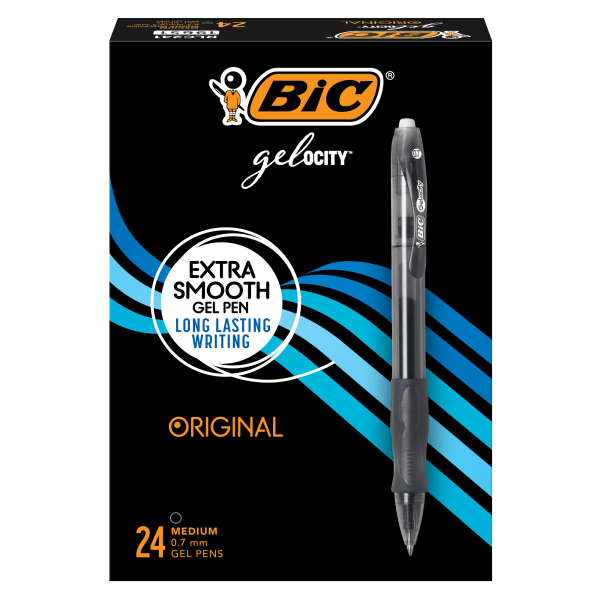 BIC® Gelocity Retractable Gel Pens, Medium Point, 0.7 mm, Translucent  Barrel, Black Ink, Pack Of 24