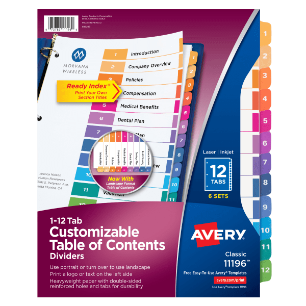 Customizable Table of Contents Ready Index Dividers with Multicolor Tabs, 12-Tab, 1 to 12, 11 x 8.5, White, 3 Sets