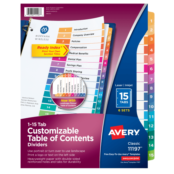 Customizable Table of Contents Ready Index Black and White Dividers, 15-Tab, 1 to 15, 11 x 8.5, White, 6 Sets