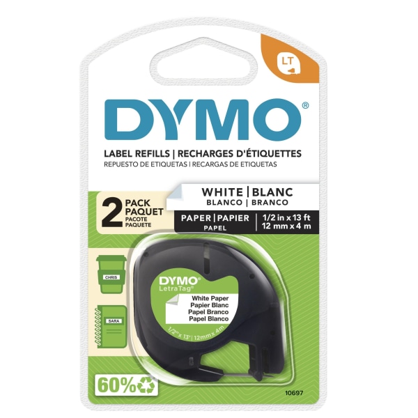DYMO&reg; LT 10697 Black-On-White Tape, 0.5&quot; x 13', Pack Of 2 DYM10697