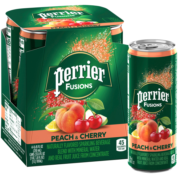Perrier And Juice Drink, Peach And Cherry, 8.45 Oz, Pack Of 4 Cans 6276966