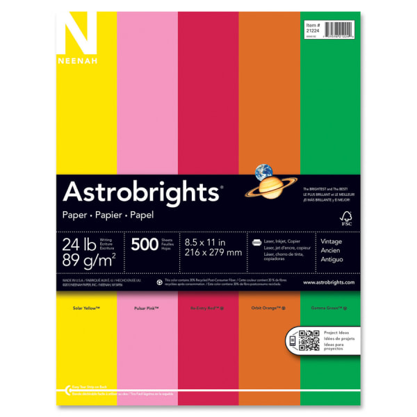 Glow 5-Color Assortment, 8.5” x 11”, 24 lb/89 gsm, 100 Sheets, Color Paper