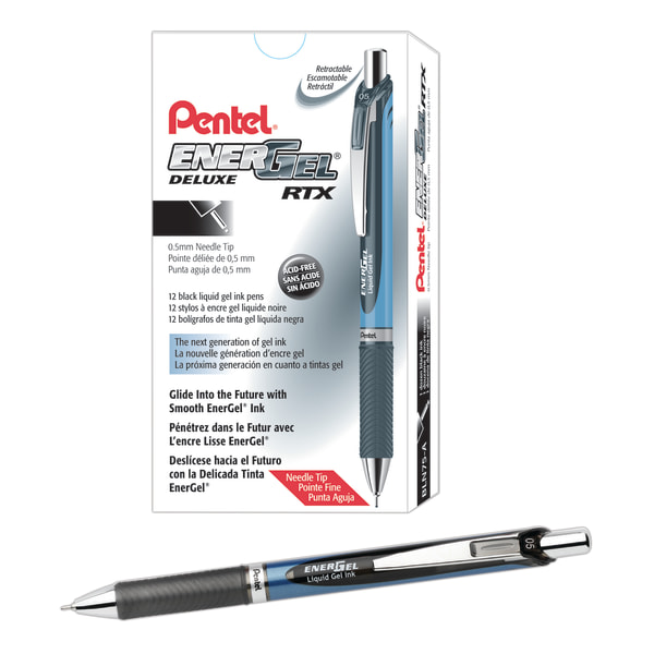 Pentel® EnerGel™ Deluxe RTX Retractable Liquid Gel Pens, Fine Point, 0.5  mm, 54% Recycled, Blue Barrel, Black Ink, Pack Of 12 Pens - Zerbee