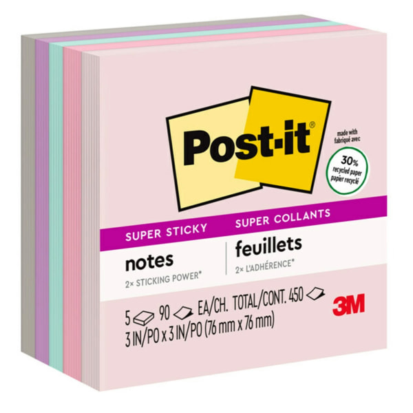 Post-it Super Sticky Notes, 3 x 3, White, 90 Sheets/Pad, 5 Pads - 2 Pack 